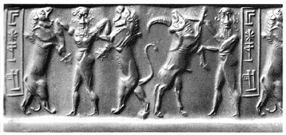 Gilgames és Enkidu harca az égi bikával és az oroszlánokkal