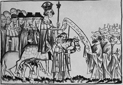 Emperor Henry VII  accepts a scroll of the law from a Roman Jew, Codex Trevirensis, 1341  