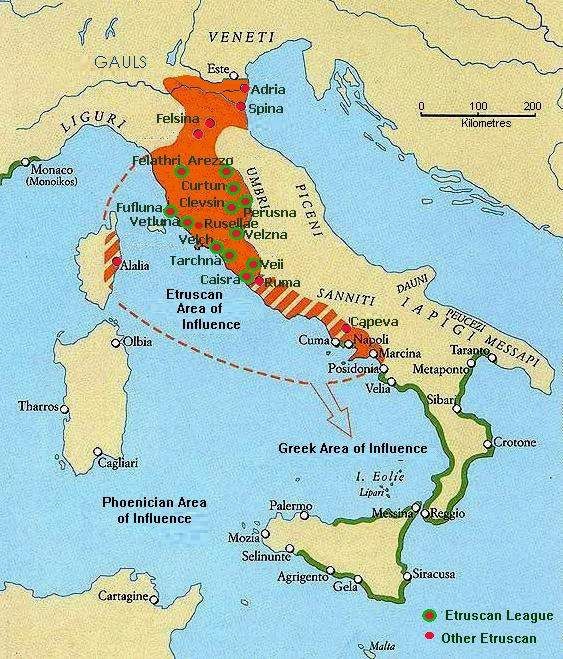 The Etruscans founded many cities on the Italian peninsula