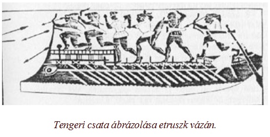 Tengeri csata ábrázolása etruszk vázán.
